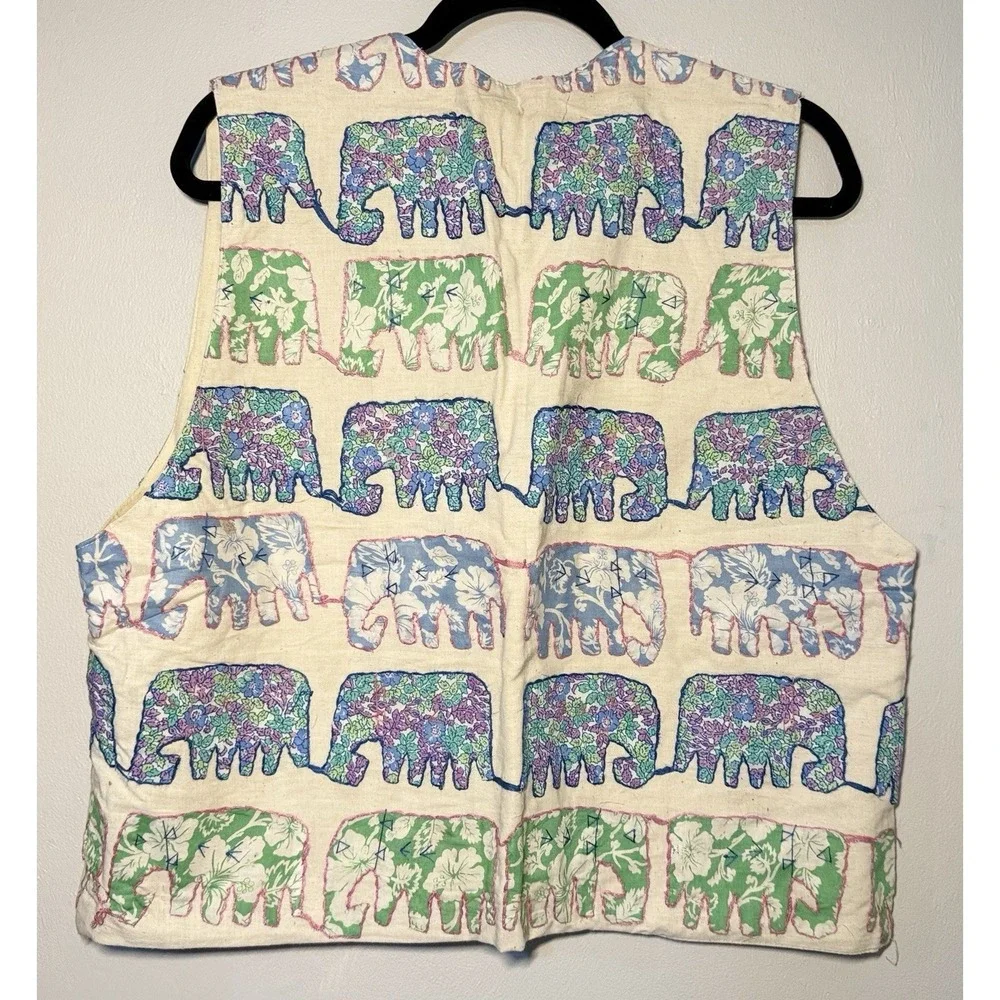 Vintage Hippy Kaktus Vest Size L Elephant Quilted Stitch Safari Savanna 90s Boho